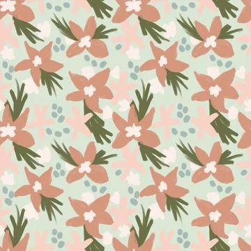 Hand drawn seamless pattern with muted pastel flowers, neutral beige sage green Stock Illustration