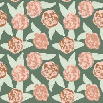 Hand drawn seamless pattern with muted pastel flowers, neutral beige sage green Stock Illustration
