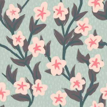 Hand drawn seamless pattern with muted pastel flowers, neutral beige sage green Stock Illustration