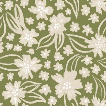 Hand drawn seamless pattern with muted pastel daisy flowers, neutral beige sage Stock Illustration