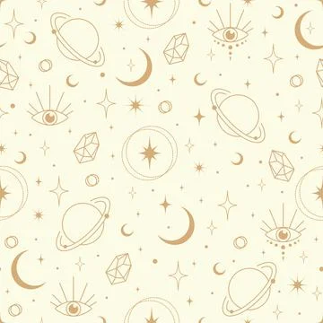 Hand drawn seamless pattern of mystic elements. Sun, Moon, star and eye lin.. Stock Illustration