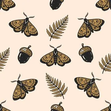 Hand-drawn seamless pattern with mystical moths, fern leaves, and acorns Stock Illustration