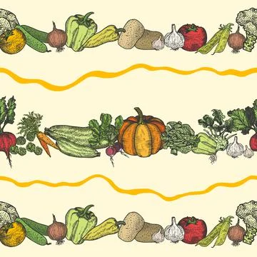 Hand drawn seamless pattern of natural vegetables hand drawn for menu or Stock Illustration