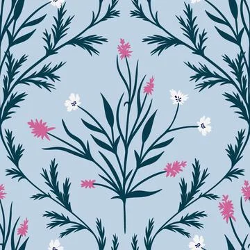 Hand drawn seamless pattern with navy leaves flowers on blue background. Damask Stock Illustration