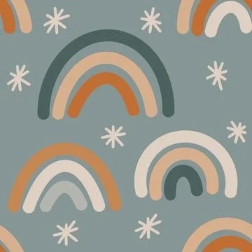 Hand drawn seamless pattern with neutral beige green boho rainbows and winter Stock Illustration