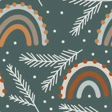 Hand drawn seamless pattern with neutral beige green boho rainbows and winter Stock Illustration