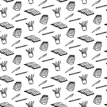 Hand drawn seamless pattern with notepad, notebook, pen, pencil, glass of Stock Illustration