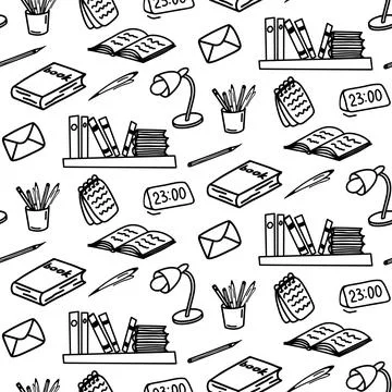 Hand drawn seamless pattern with notepad, notebook, book, table lamp, pen Stock Illustration