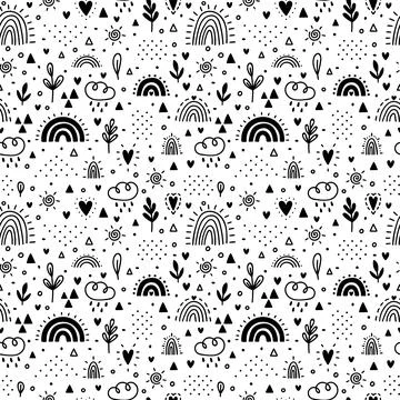 Hand drawn seamless pattern. Nursery design for kids. Childish background w.. Stock Illustration