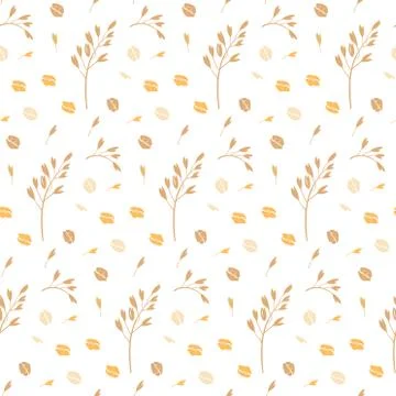 Hand drawn seamless pattern of oat grains, flakes, oat milk, bottles. Healthy Stock Illustration
