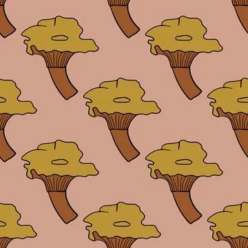 Hand drawn seamless pattern with ocher contoured cantharellus cibarius mushro Stock Illustration