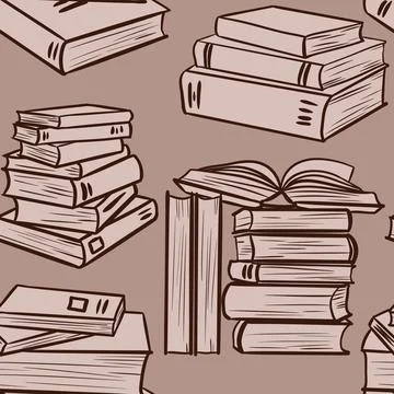 Hand drawn seamless pattern with old library reading books on beige brown Illustrazione stock