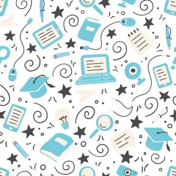 Hand drawn seamless pattern of online education elements. Vector. Stock Illustration