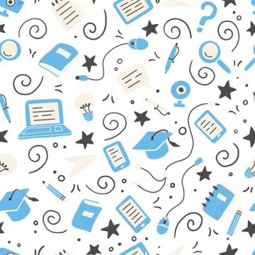 Hand drawn seamless pattern of online education elements. Vector. Stock Illustration