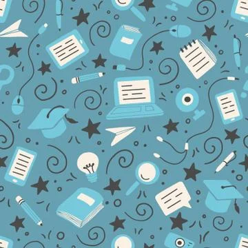 Hand drawn seamless pattern of online education elements. Vector. Stock Illustration