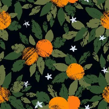 Hand drawn seamless pattern of orange fruit with leaves in the stamp technique Stock Illustration
