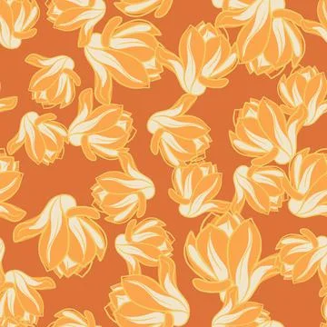 Hand drawn seamless pattern in orange tones with random mognolia flowers shap Stock Illustration