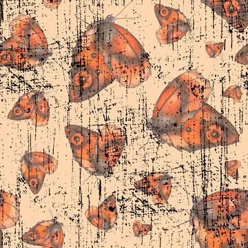 Hand-Drawn Seamless Pattern of Orange Colored Butterflies of Various Sizes on Stock Illustration