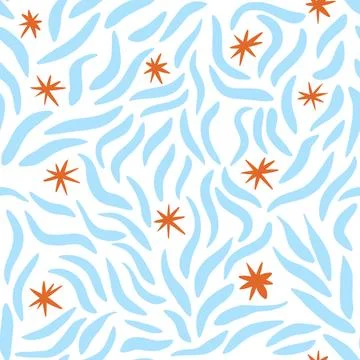 Hand drawn seamless pattern with orange star snowflake blue wavy curve lines on Stock Illustration