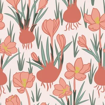 Hand drawn seamless pattern with orange brown crocus flowers. Floral spring Stock Illustration