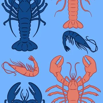 Hand drawn seamless pattern with orange blue lobsters on turquoise background Stock Illustration