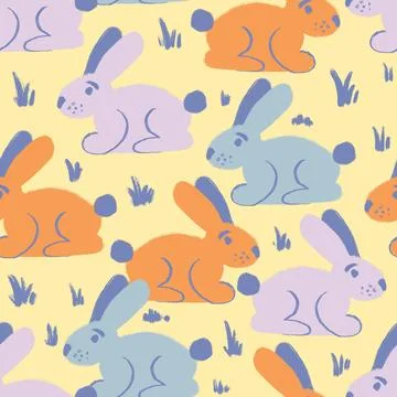Hand drawn seamless pattern with orange blue purple Easter rabbit bunnies. Cute 스톡 일러스트
