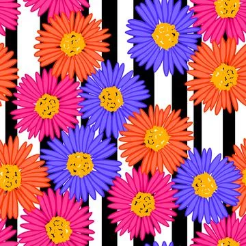 Hand drawn seamless pattern with orange blue pink daisy flowers on black stripes Stock Illustration
