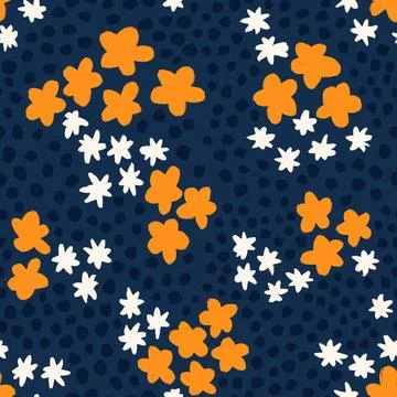 Hand drawn seamless pattern with orange dark blue navy flower floral elements Stock Illustration