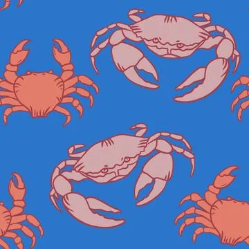 Hand drawn seamless pattern with orange red blush crabs on blue background Stock Illustration