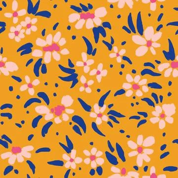 Hand drawn seamless pattern with orange pink dark blue flower floral elements Stock Illustration