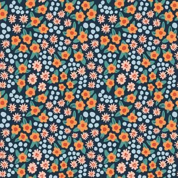 Hand drawn seamless pattern with orange pink blue flower floral elements, ditsy 스톡 일러스트