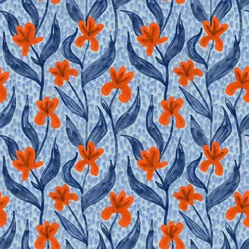 Hand drawn seamless pattern with orange blue flower floral elements, ditsy 스톡 일러스트