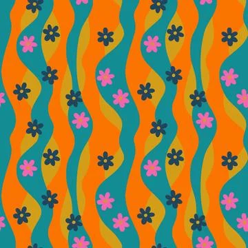 Hand drawn seamless pattern with orange blue pink waves hippie flowers, retro 库存插图