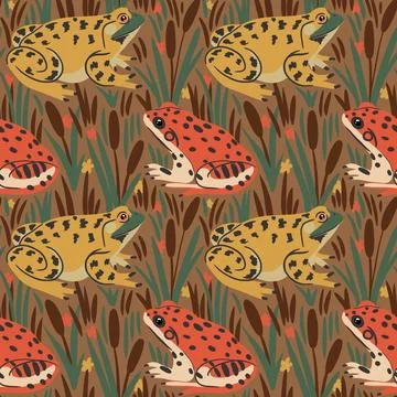 Hand drawn seamless pattern of orange green frogs with cattail plant in swamp Illustrazione stock