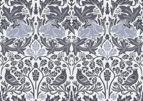 Hand drawn seamless pattern ornament with hare and bird in foliage. Vector Stock Illustration