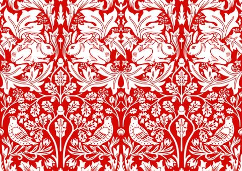 Hand drawn seamless pattern ornament with rabbit, bird and plants on red Stock Illustration