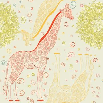 Hand drawn seamless pattern: ornamental animal african giraffe. Stock Illustration