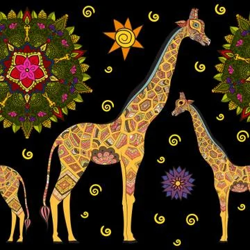 Hand drawn seamless pattern: ornamental animal african giraffe. Stock Illustration