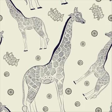 Hand drawn seamless pattern: ornamental animal african giraffe. Stock Illustration