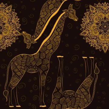 Hand drawn seamless pattern: ornamental animal african giraffe. Stock Illustration