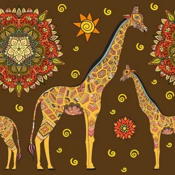 Hand drawn seamless pattern: ornamental animal african giraffe. Stock Illustration