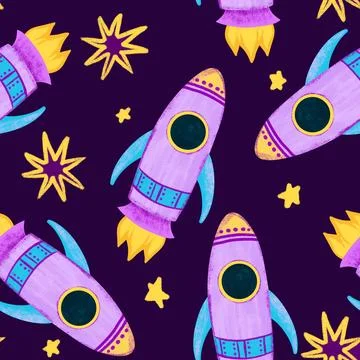Hand drawn seamless pattern of outer space galaxy astronaut in purple blue Stock Illustration