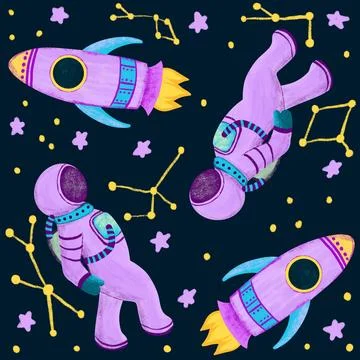 Hand drawn seamless pattern of outer space galaxy astronaut in purple blue Illustrazione stock