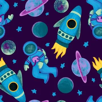Hand drawn seamless pattern of outer space galaxy astronaut in purple blue Stock Illustration
