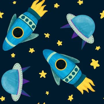 Hand drawn seamless pattern of outer space galaxy astronaut in purple blue Illustrazione stock