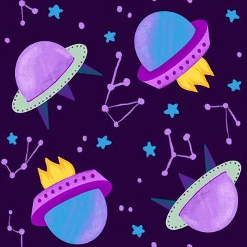 Hand drawn seamless pattern of outer space galaxy astronaut in purple blue Illustrazione stock