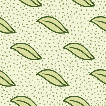 Hand drawn seamless pattern with outline green leaves shapes. Light dotted ba Stock Illustration