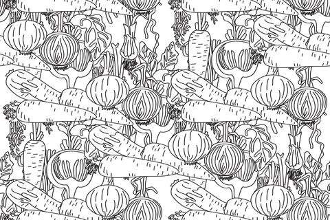 Hand drawn seamless pattern outline vegetables. Line art repeating pattern .. Stock Illustration