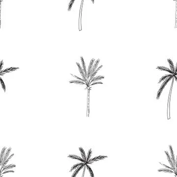Hand-drawn seamless pattern with palm trees, isolated on white background Stock Illustration