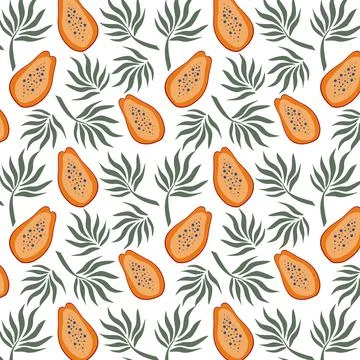 Hand drawn seamless pattern with papayas and palm leaves. Bring vector illust Stock Illustration